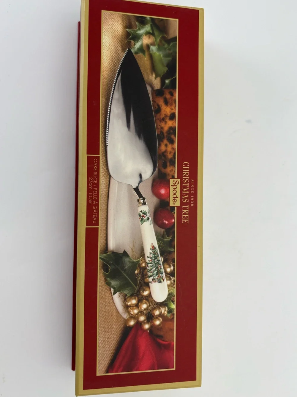 New in Box Spode Christmas Tree Cake Server with Green Tree Motif